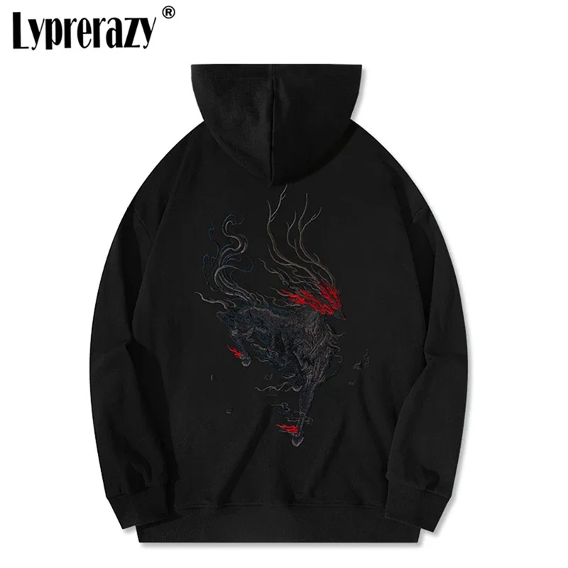 

Lyprerazy 2022 Autumn Winter New Men Hoodies Sweatshirts Chinese Style Embroidery Cotton Loose Pullover Hooded