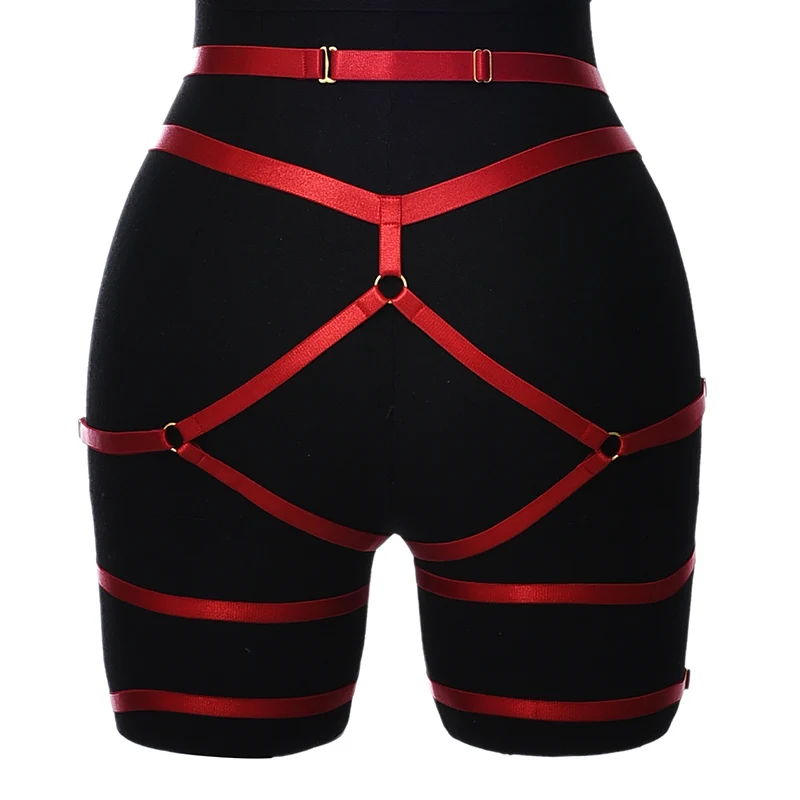 Description Picture 6 of itemWomen Purple Elastic Harness Bodysuit Sexy Bondage Lingerie Set Goth Stockings Garter Rave Adjustable Body Cage Bra Body Harness