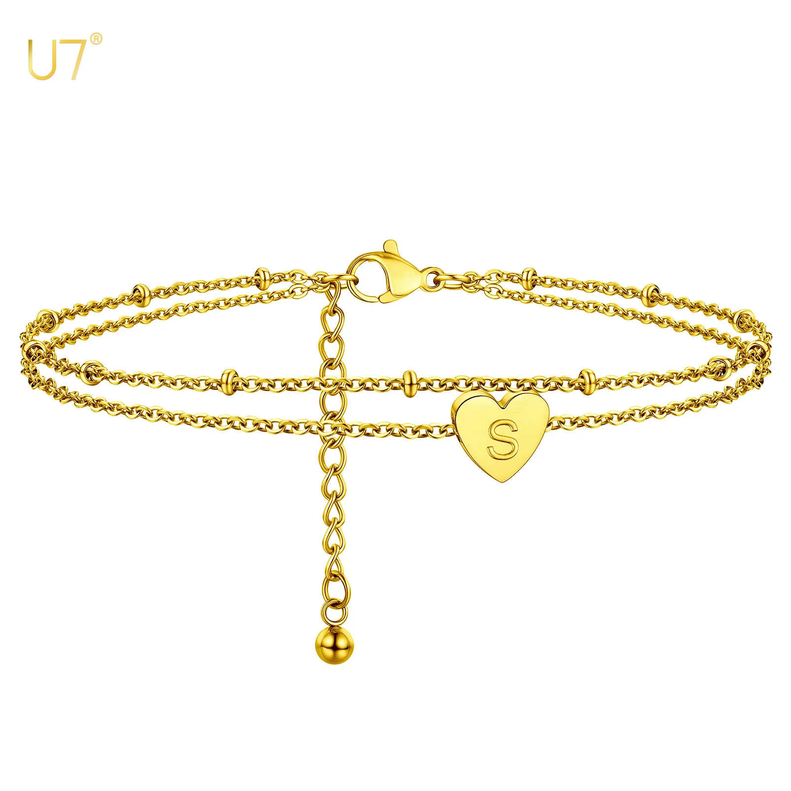 

U7 Stainless Steel Initial Letter Engraved Heart Metal Beaded Chain Double Layers Anklet for Woman Stackable Beach Ankle Jewelry