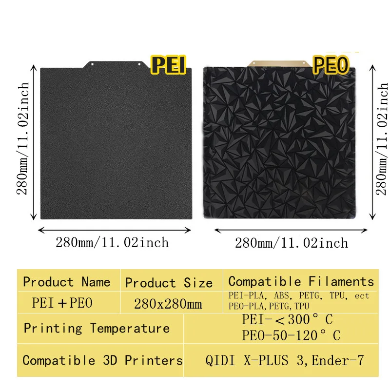 ENERGETIC 280x280mm Double Side Textured Black PEI Sheet for QIDI
