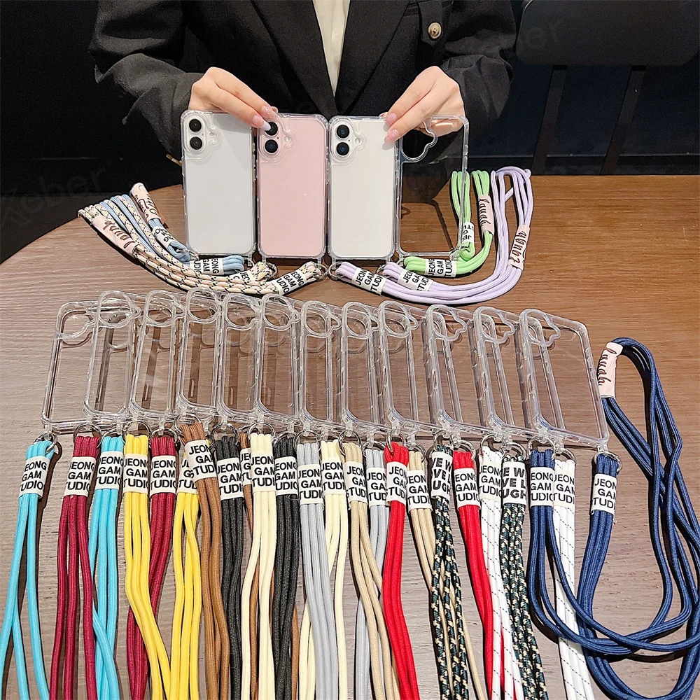 Étui de téléphone transparent avec lanière et collier en bandoulière pour iPhone 15 16 14 Pro Max 14 13 12 11, housse de protection antichoc à coussin d'air_voghion.com