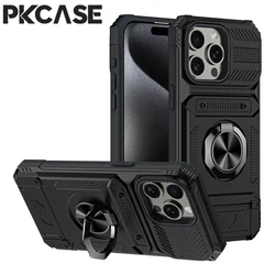Shockproof Magnetic Case with Multi - Functional Card Slot and Metal Ring Stand for iPhone 15 Plus (Black)