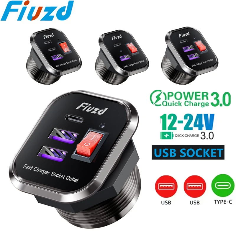 Premium Metal USB Charger Socket - 60W High-Speed Car Charger with PD USB-C & Dual QC3.0 Ports, Touch Switch for Vehicles & Marine Use