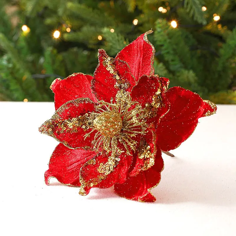 Artificial Christmas Flowers Glitter Christmas Tree Decorations Home Fake Flowers Ornaments New Year Decorations