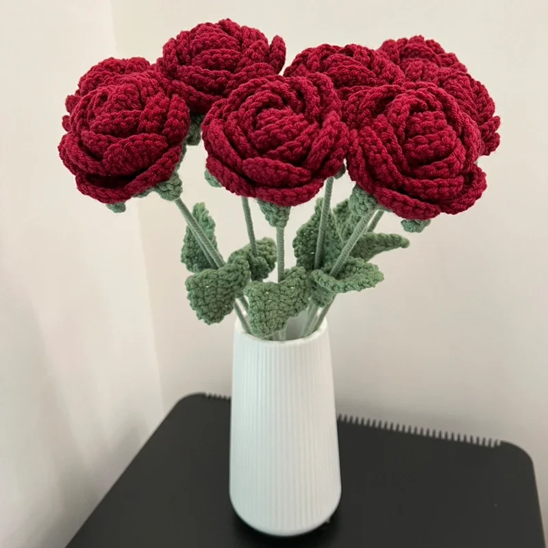 1PC Modern Elegance Simulation Flower Home Decoration Dining Table Knitted Rose Single Bouquet Wedding Artificial Flower
