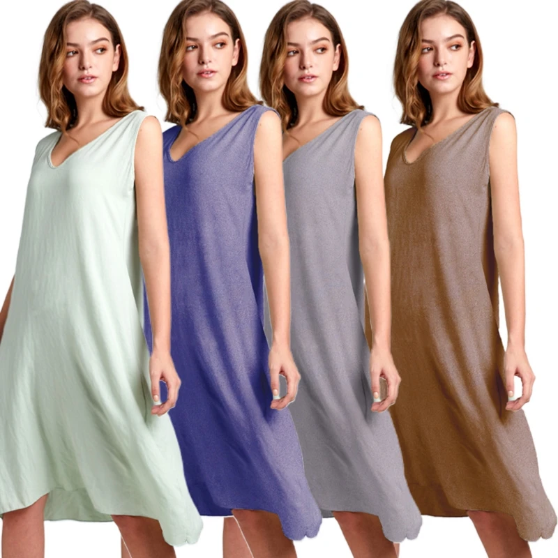 Women Summer Sleeveless Sleepshirt Sexy V-Neck Loose Knee Length Wide Strap for Tank Dress Solid Color