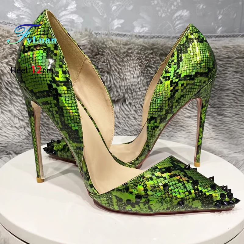 Sexy Side Empty Lady Snake Patted High Heels 8-12cm Fashion Rivet Shoes For Women's Gladiator Green Stiletto Pumps Size 35-45 2