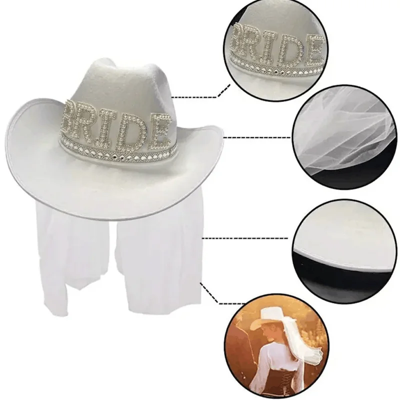 Bride White Cowboy Veil Hat Pearl Rhinestone Wedding Cowgirl Hat Bach Bachelorette Hen Party Bridal Shower Decoration Gift 3
