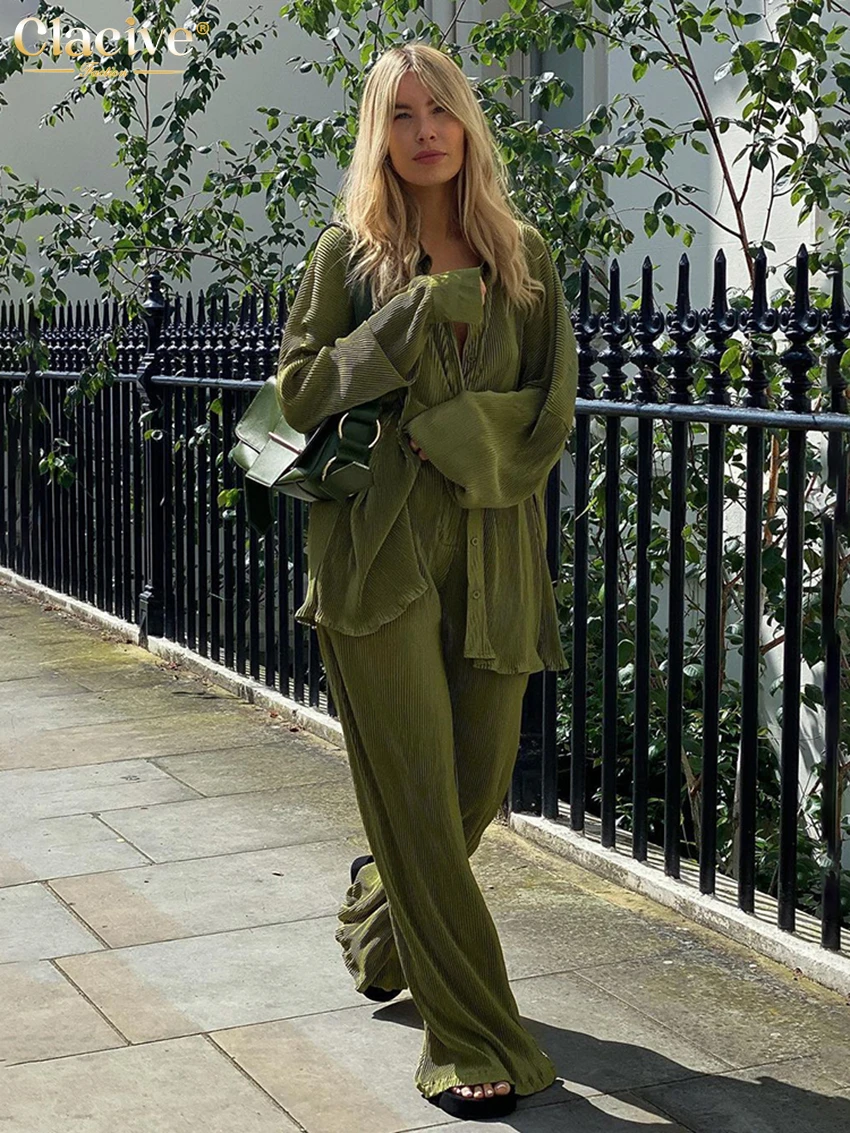Clacive Elegant Green Pants Set Women 
