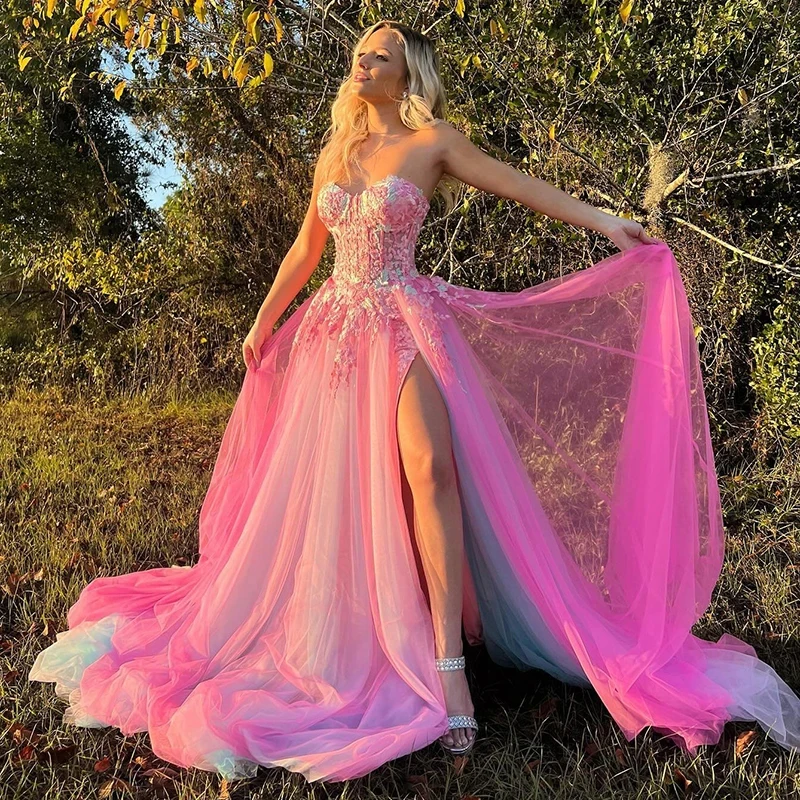 

Розовое сексуальное платье для выпускного вечера без бретелек, с разрезом, ТРАПЕЦИЕВИДНОЕ вечернее платье принцессы, приталенное милое платье для девушек