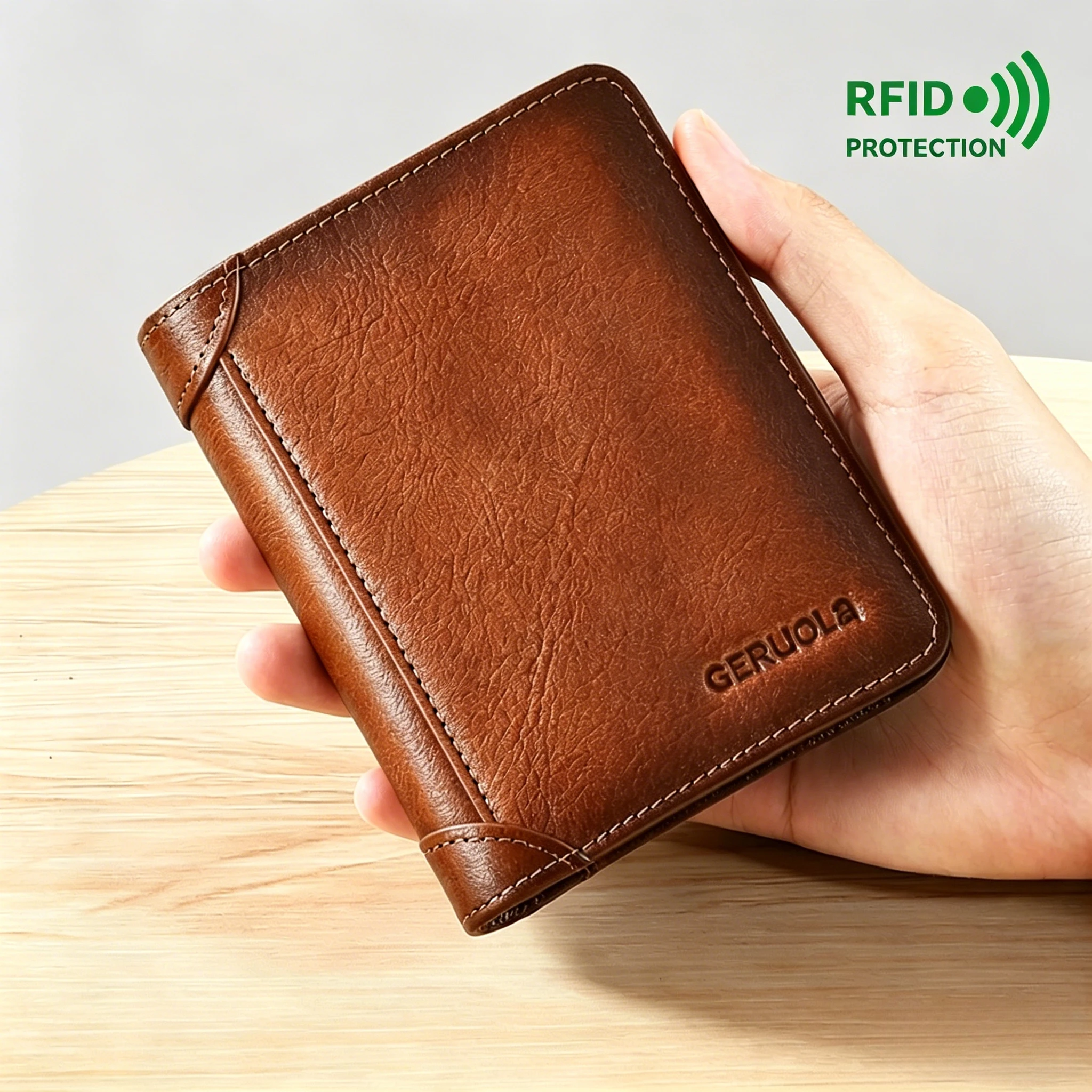 Premium Genuine Leather RFID Blocking Trifold Men's Wallet with ID Window and Card Holder