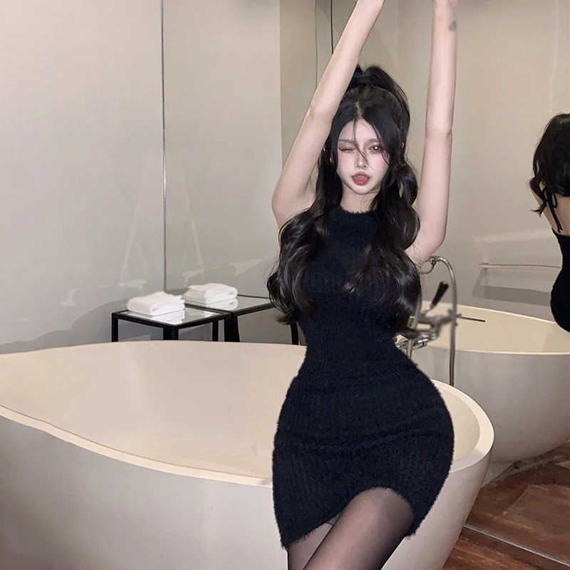 Women's Halter Neck Suspender Dress Lint Knitted Camisole Slim Dress Korean Version Hip Wrap Dress 6