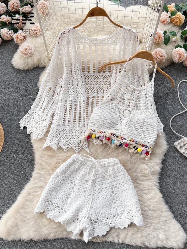 SINGREINY Hook Beach Style Three Piece Sets Women Hollow Out