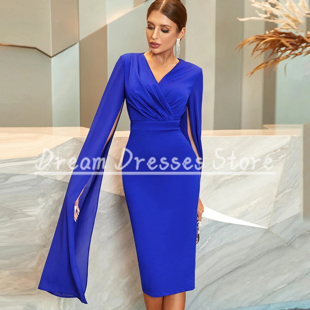 Elegant Long Sleeve Royal Blue Mother of the Bride Dresses V-Neck Pleat Tea-Length Wedding Party and Banquet Guest Gowns