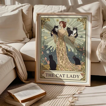 The Cat Lady Tarot Print, Art Nouveau Cat Lovers Wall Art, Vintage Cat Poster, Cat Mom Gift, Unique Cat Print, Apartment Decor 1