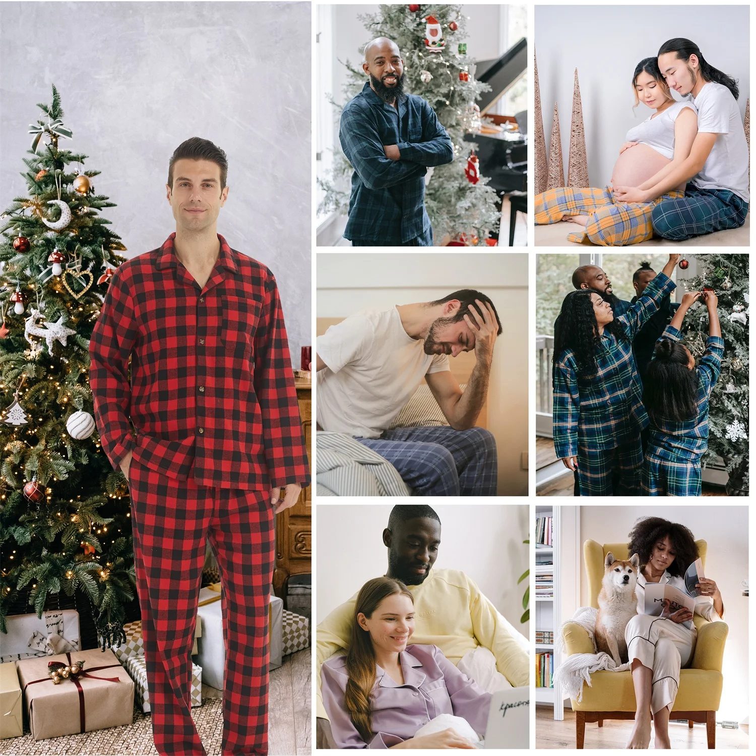 Mens Flannel Pajamas Set Cotton Plaid Pjs Button Down Warm Soft Lounge Sleepwear