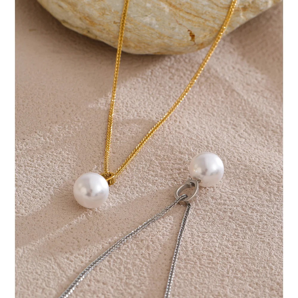 Yhpup Necklace Simulated Pearls Round Pendant PVD Plated for Women