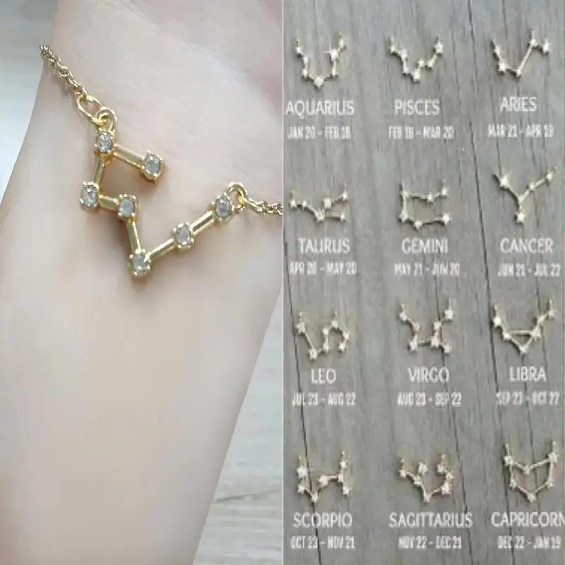 Cardboard Star Zodiac Sign 12 Constellation Bracelet Crystal Charm Gold Color Chain Bracelet For Women Birthday Jewelry Gifts bracelet jewelry