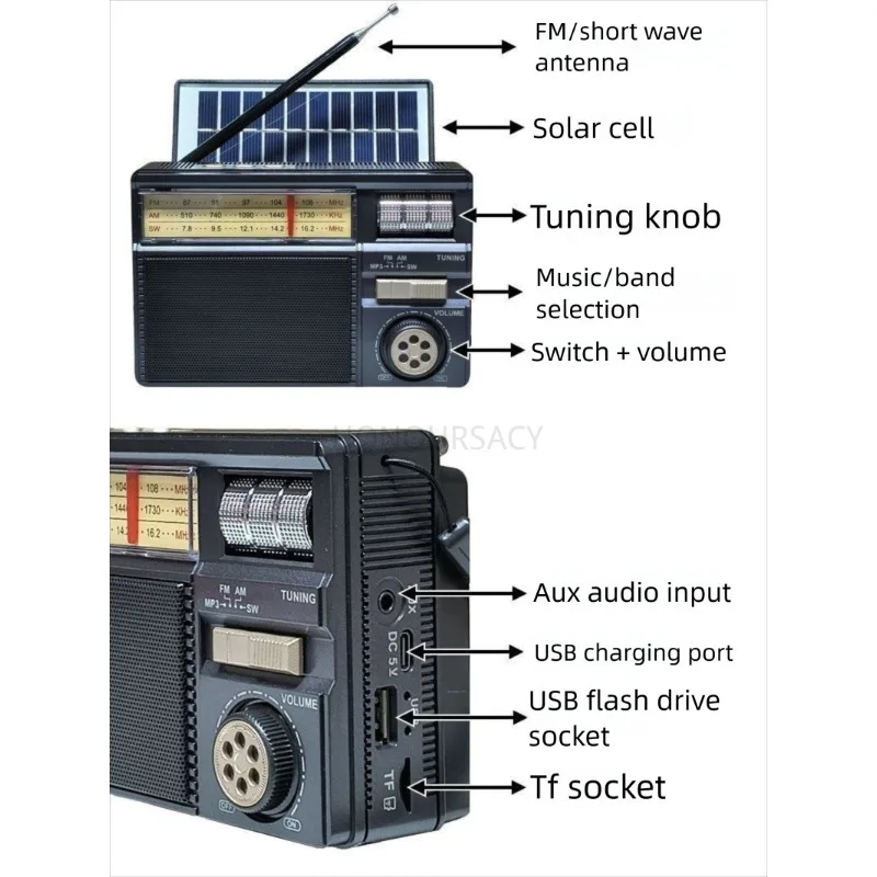 태양광 AM FM SW 라디오 수신기, MP3 플레이어 기능, USB TF 카드 지원, 휴대용 스피커, 실외 및 가정용