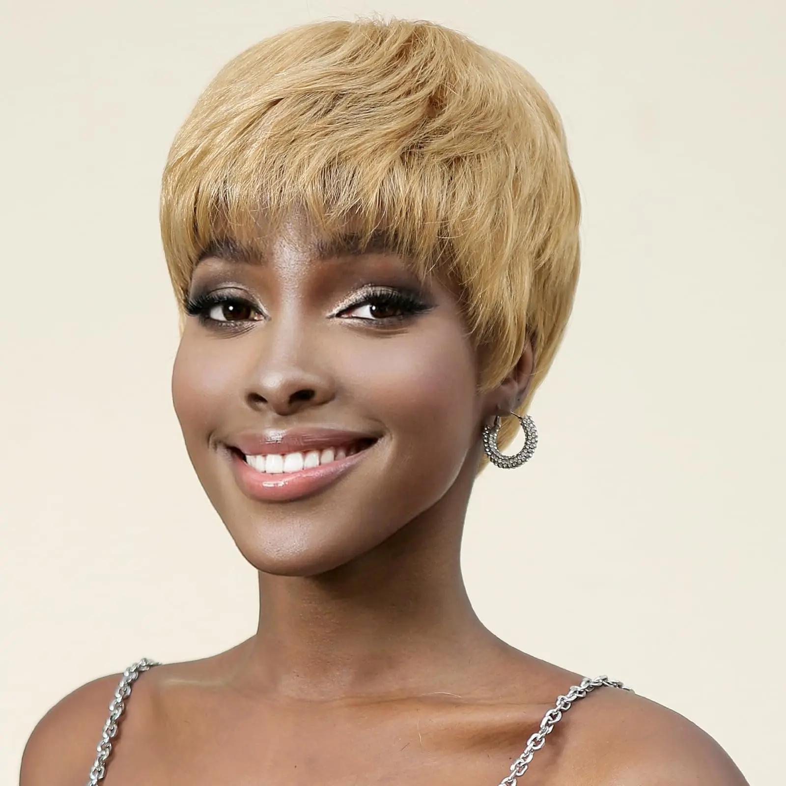 

Golden Blonde Bob Human Hair Wig for Black Women Afro Short Pixie Cut Remy Hair Wigs with Bangs Layered Machine Made Human Hair