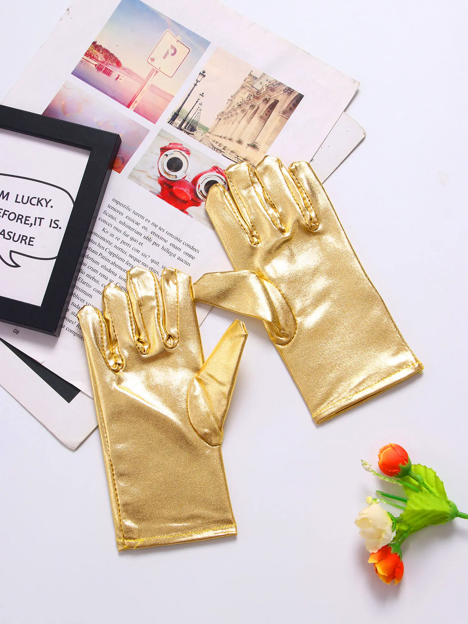 1 Pair Kids Girls Metallic Shiny Short Gloves Dance Performances Halloween Cosplay Costume Accessories