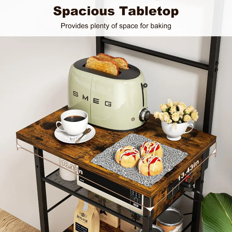 5 Tier Coffee Bar Station with Power Outlets,Bakers Rack for Small Space,Large Storage Space Coffee Cart with 4 Hooks 2
