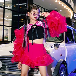 2023 Pink Puff Sleeve Cheerleading Clothing For Girls Concert Performance Stage Costume Jazz Dance Outfit Kpop Clothing DL11215