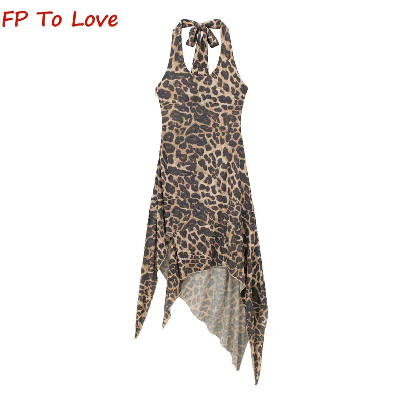 

Y2K 2024 Summer Spice Girls Irregular Leopard Print Slim Backless Dress Hanging Neck Designer Halter Dresses