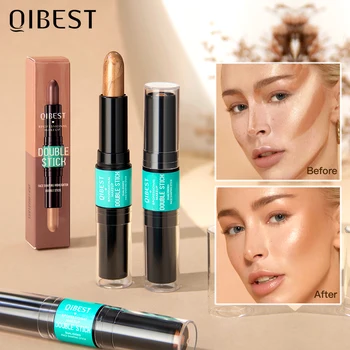QIBEST 매트 컨투어링 브론저 스틱, 더블 헤드 하이 글로스, 얼굴 코 섀도우 크림, 브라이트닝 하이라이터, 메이크업 컨실러, 2 in 1