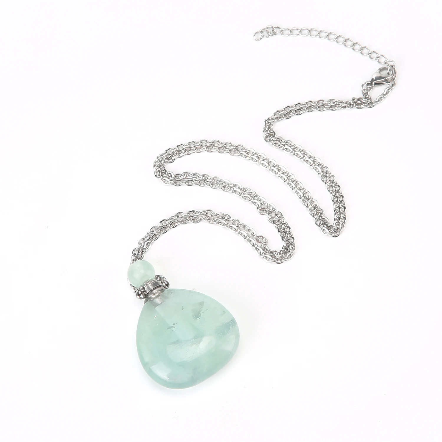 VGDS Natural Crystal Green Fluorite Water Drop Inverted Heart Perfume Bottle Necklace Pendant Stainless Steel Accessories Opened