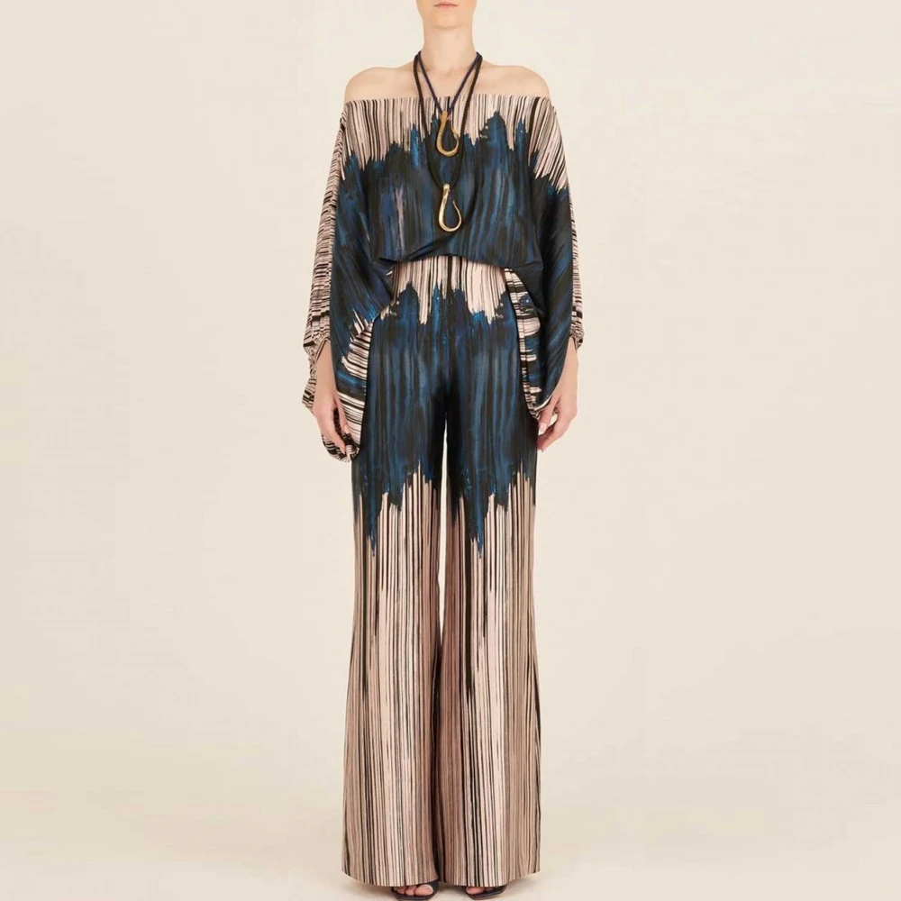 

2 Pieces Women's Sets 2023 Summer Autumn Stripe Printing Off Shoulder Suit Tops And Pants Suits Two Piece Set Tracksuit Outfit