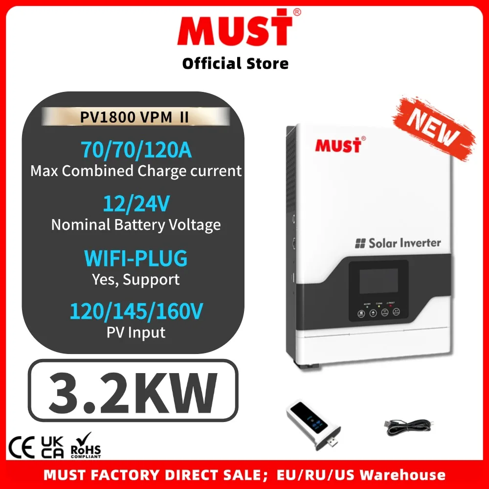 อินเวอร์เตอร์พลังงานแสงอาทิตย์ไฮบริดแบบออฟกริด MUST PV1800 VPM Ⅱ 1.5KW 3.2KW พร้อมตัวควบคุมการชาร์จ MPPT 60A ความถี่สูง พร้อม WiFi 1