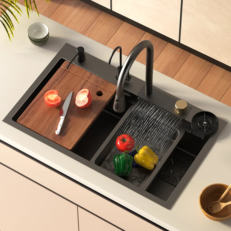 304 Stainless Steel Kitchen Sink With Waterfall Faucet Single Bowl Basin Workstation Topmount Sink With Accessories