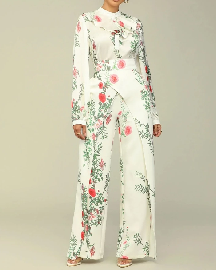 Women's Elegant Floral Print Ruffle Hem Top & Lace-Up High Waist Pants Set Female Fashion Trousers Sets Casual Two Piece Outfits