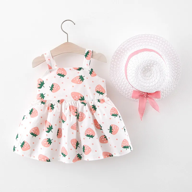 Summer Girls Sling Dress Sweet Strawberry Big Bow Cotton Cloth Skirt Comes with Hat Suitable 0-3 Year Old Babies girls dress