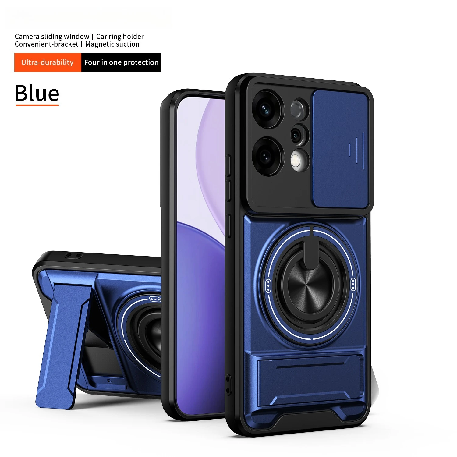 Enhanced Magnetic Ring Protective Phone Case with Camera Sliding Cover and Double Bracket