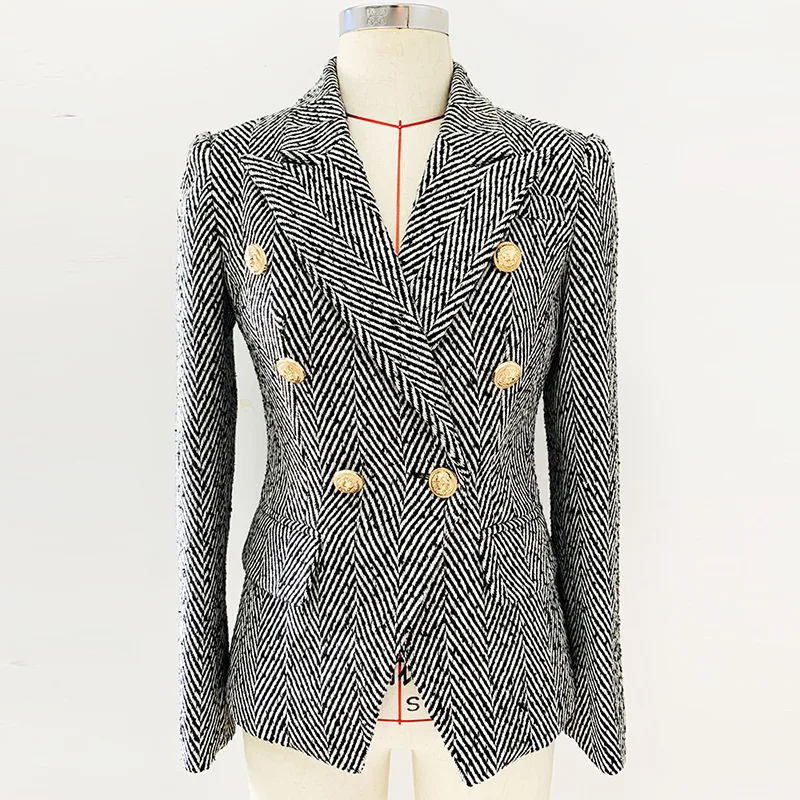 

Autumn And Winter 2022 New European And American Lion Head Double Breasted Slim Fit Herringbone Tweed Women's Suit Coat