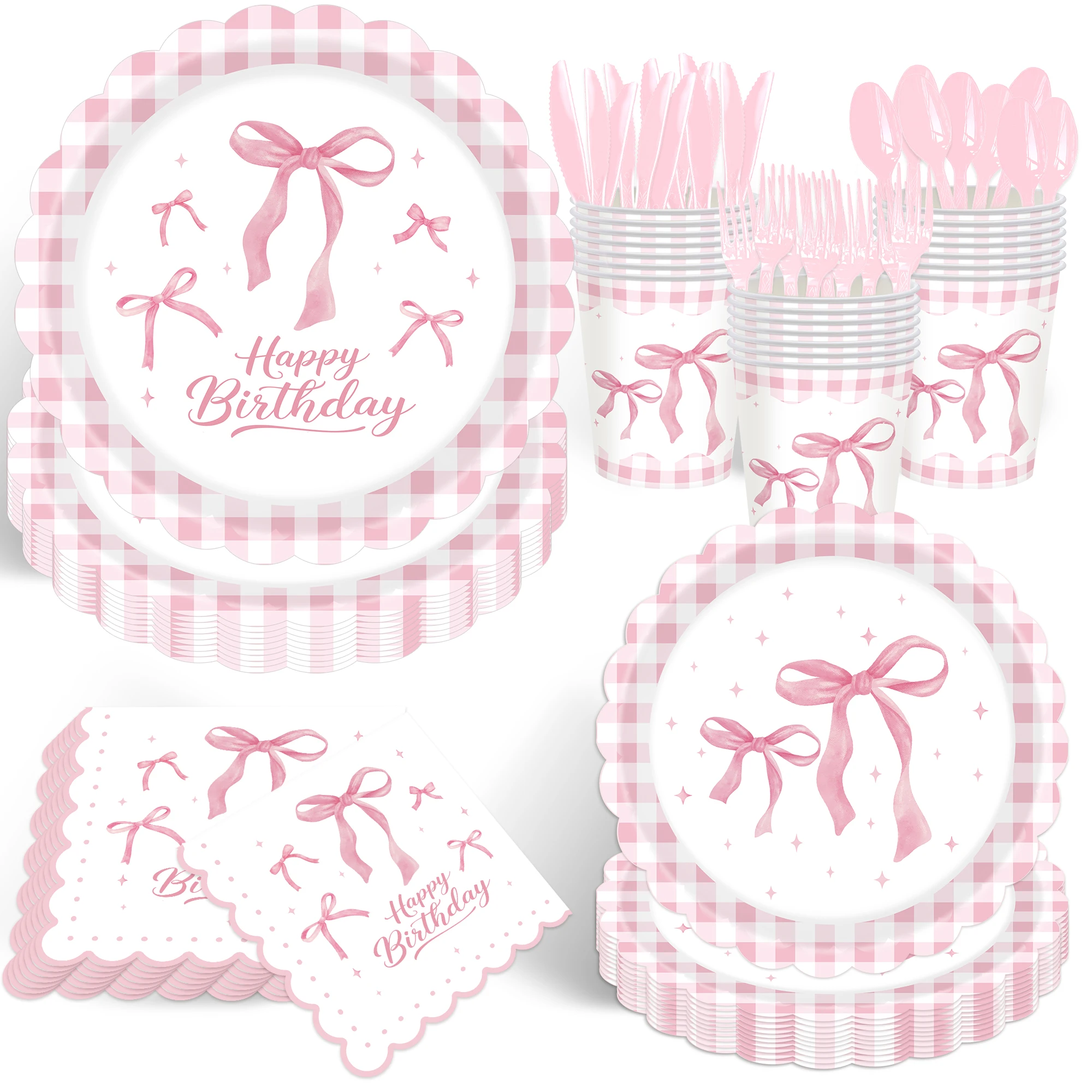 Pink Bow Birthday Party Supplies Birthday Decorations Bow Napink Plate Cup Fork Pink Theme Tableware Girls Decors birthday tableware set birthday party supplies party supplies