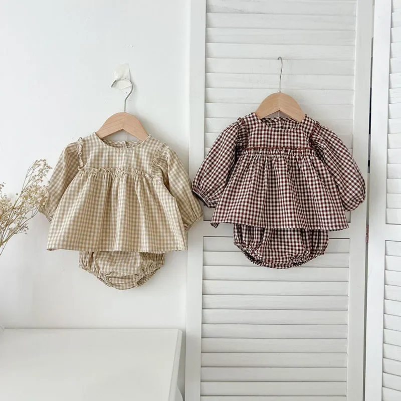 Korean Baby Girl Plaid Blouse Bloomer Suit