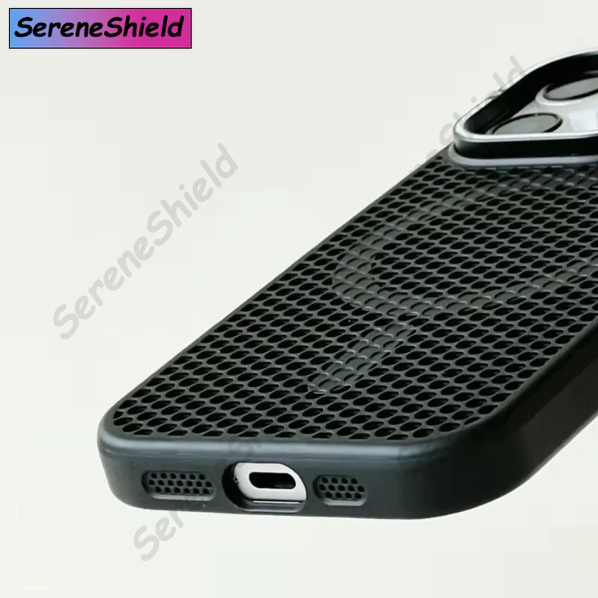 Honeycomb Grid Mesh Cooling Phone Case with Alloy Lens Bracket and Wireless Charging Capability