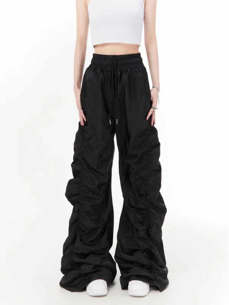 ADAgirl Black Parachute Pants Women Y2k Baggy Joggers Vintage Wide Leg Trousers Streetwear Mujer Drawstring High Waist Mopping adagirl harajuku painted wide leg pants vintage baggy boyfriend jeans for women y2k hip hop aesthetics streetwear denim bottoms