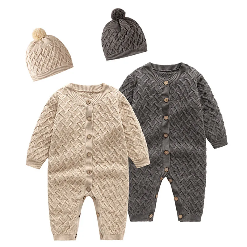 Autumn Winter Korean Style Newborn Baby Boys Girl Solid Color Knitting Jumpsuit+Hat Toddler Baby Romper Children Knitted Clothes