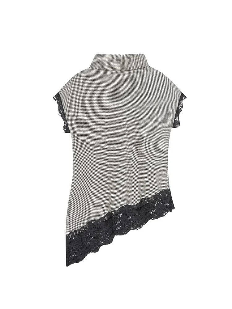 Women Vintage Sleeveless Lace Splicing Tops Elegant Streetwear Chic Stand Collar Slim Fit Asymmetrcal Hem T-Shirt Spring New