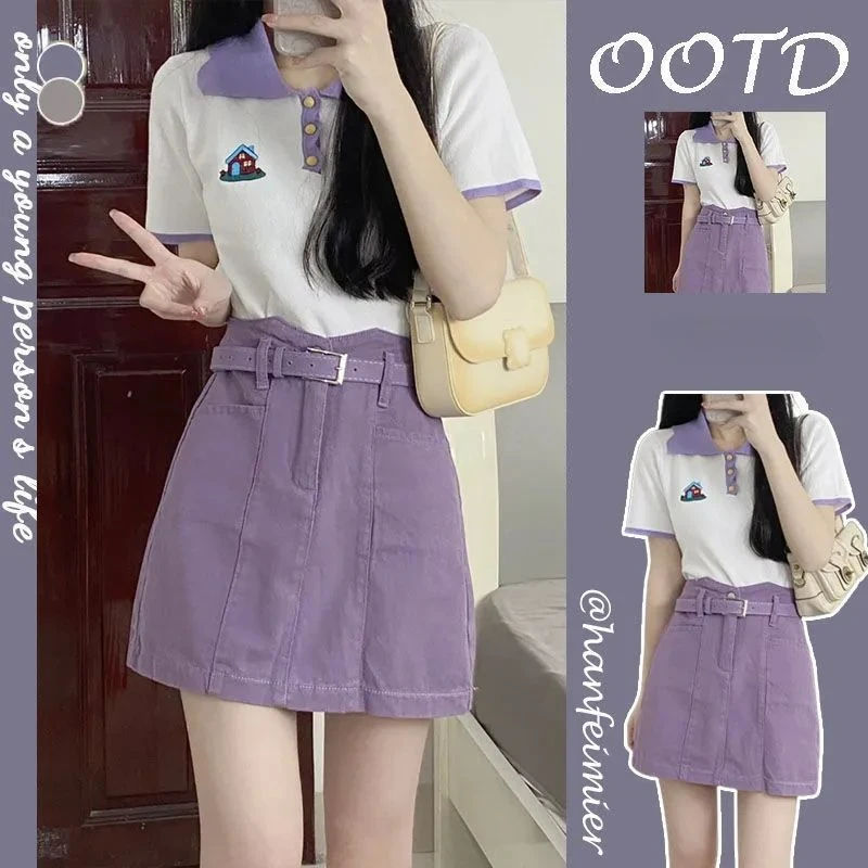 

Womens Short Skirt 2 Piece Set Summer New Korean Academy Style Polo Neck Short Sleeves Slim Purple Half Skirt+Belt Women Dresses