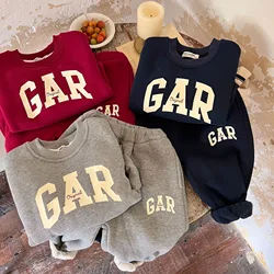 Autumn Winter Children's Sets Fashion Letter Thicken Plush Sweater Pant 2Pcs Set 2024 Casual Kids Clothes Set