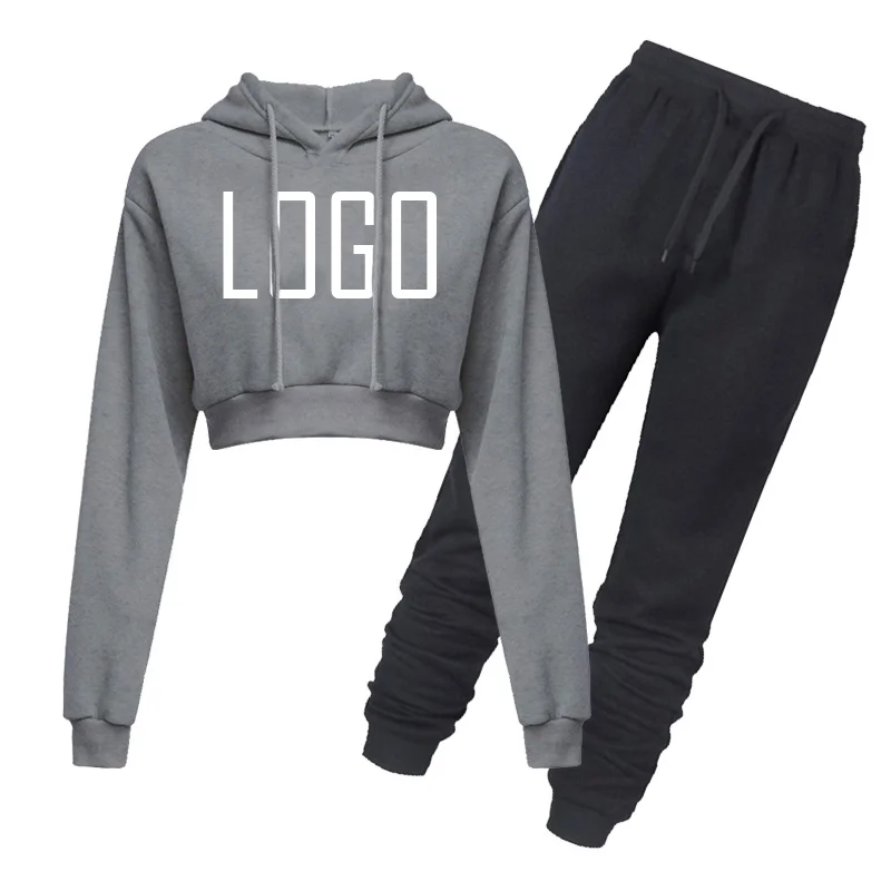 Custom Your Logo Women Solid Crop Top Hoodied Fleece Clothing Long Sleeve Drawstring Pants Tracksuit 2 Pieces Set Outdoor