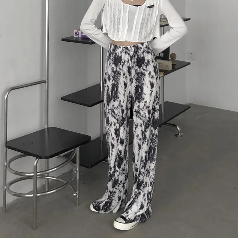 Sweet Tie Dye Wide Leg Pants for Women's New Pleated Design Leisure Loose High Waisted Draped Straight Leg Floor Mop Trousers