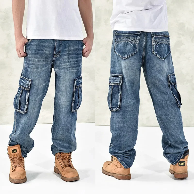 

HOT New 2023 Large Size 30-44 46 Jeans Fashion Loose Big Pockets Hip-Hop Skateboard Casual Men Denim Blue & Black Design Brand