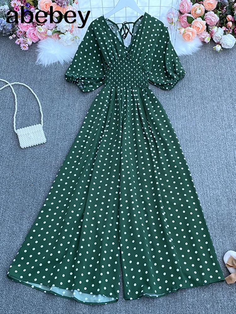 여름 점 휴일 캐주얼 와이드 레그 점프 슈트 V 넥 퍼프 슬리브 허리 탄성 Rompers 루스 비치 롱 playsuits
