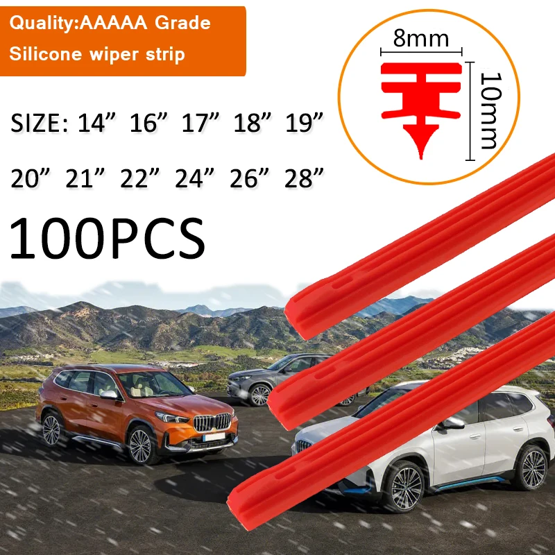 

100pcs Car Wiper Blade Windscreen Vehicle Insert Red silicagel Strip Refill 8mm Soft14"16"17"18"19"20"21"22"24"26"28"Accessories